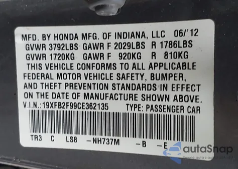 2012 Honda Civic Ex-L z USA, uszkodzony, nr VIN 19XFB2F99CE362135